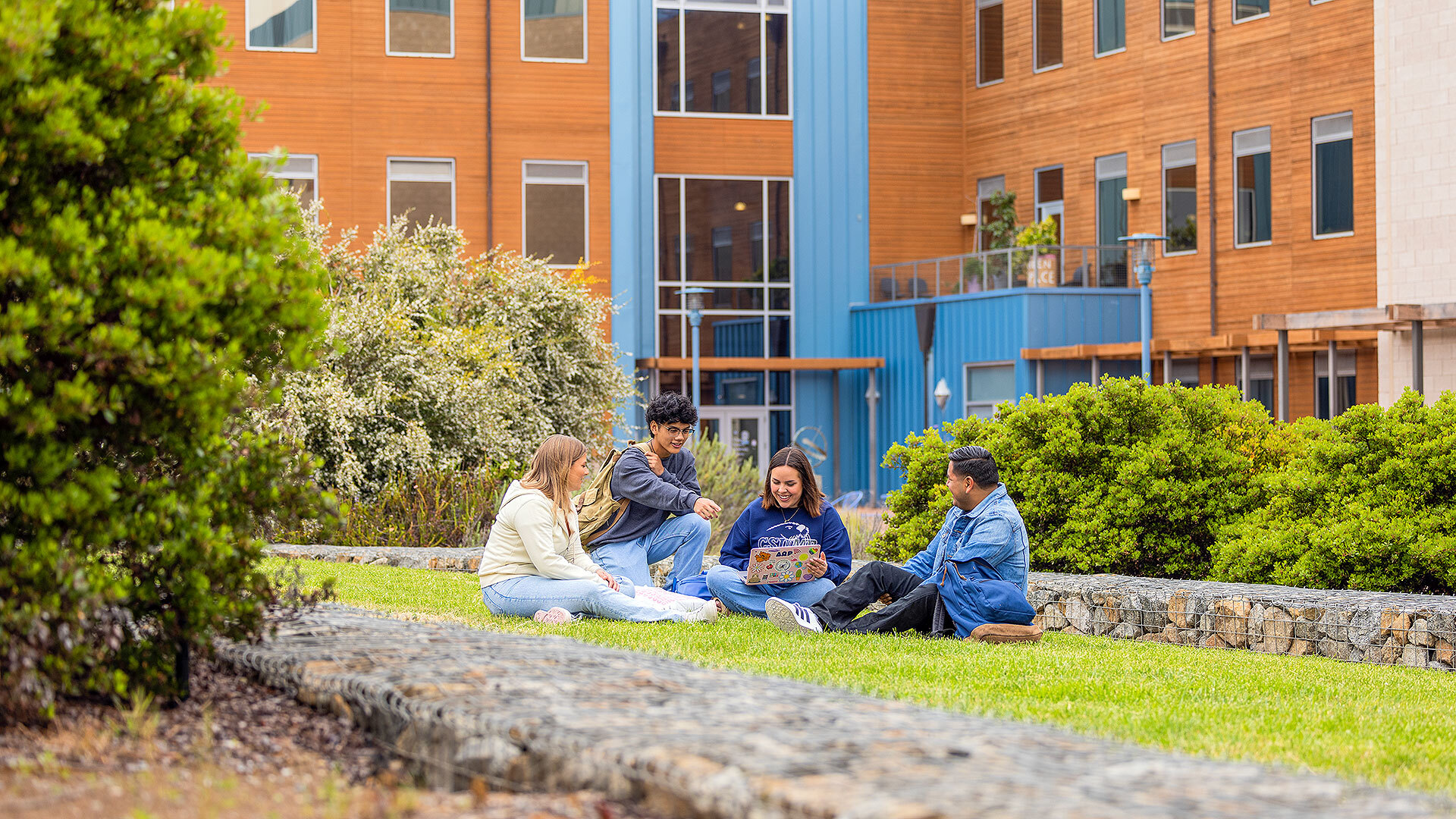 Four students sitting at the quad talking to one another, one has a laptop on their lap