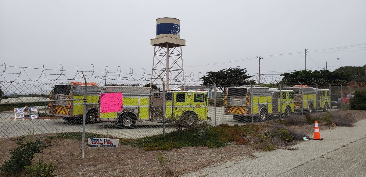 Fire engines parked near Lot 59