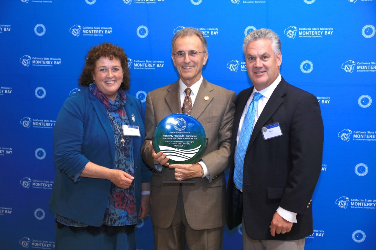 MPF Director of Philanthropy Mary Gunn, CSUMB President Eduardo M. Ochoa and MPF CEO Steve John