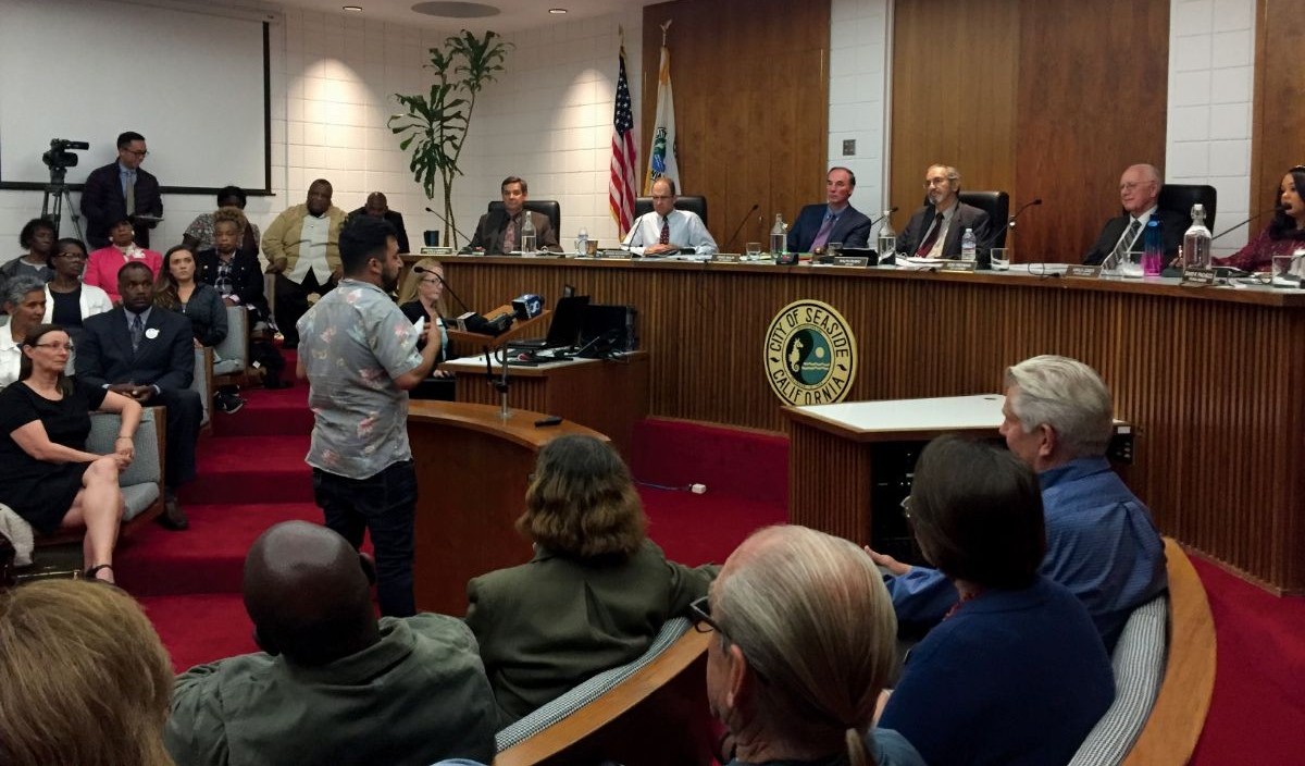 An SCYP student speaking at a Seaside City Council meeting.