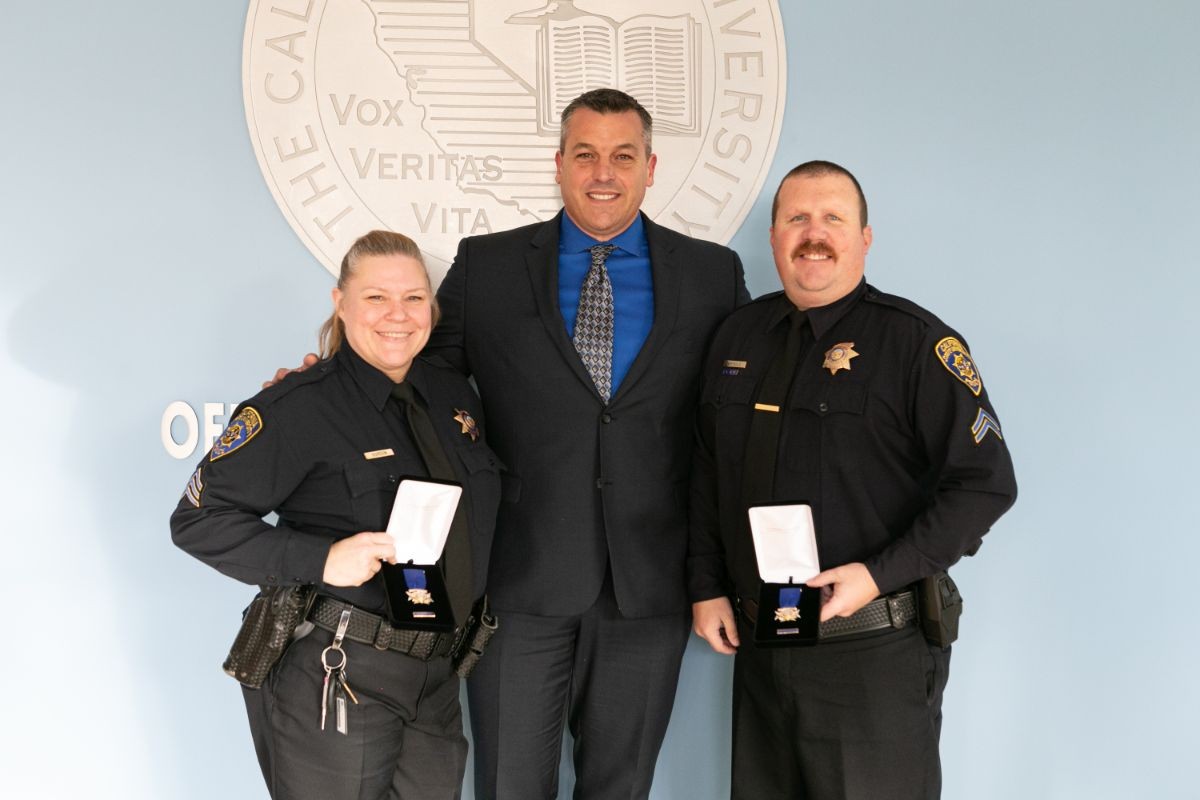 (L to R) Sergeant Gordon, Chief Lawson and Corporal Prebula at the Office of the Chancellor in Long Beach, California.