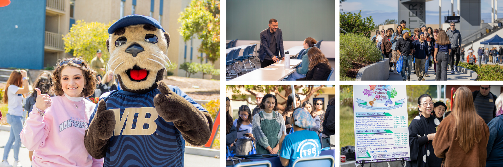 Series of photos of CSUMB students at admitted otter day 2024 and open house 2023. This includes, from left to right, a student posing with Monte, a student checking in at the event, a professor teaching two students, a professor tabling and speaking with someone, and a tour guide leading a campus tour near the otter sutdent union