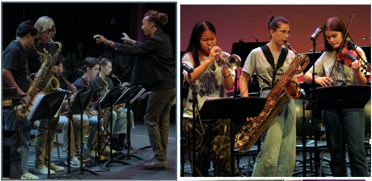 woman playing trumpet, man conducting jazz festival