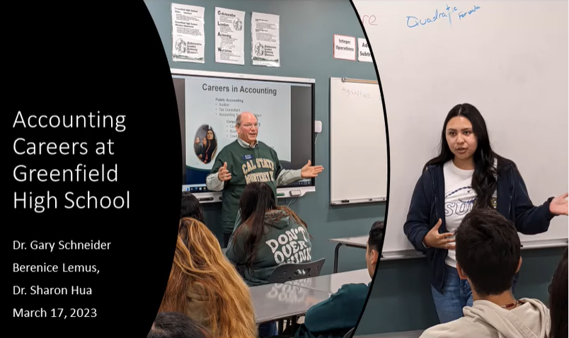 Accounting faculty and student ambassador presenting to high school students