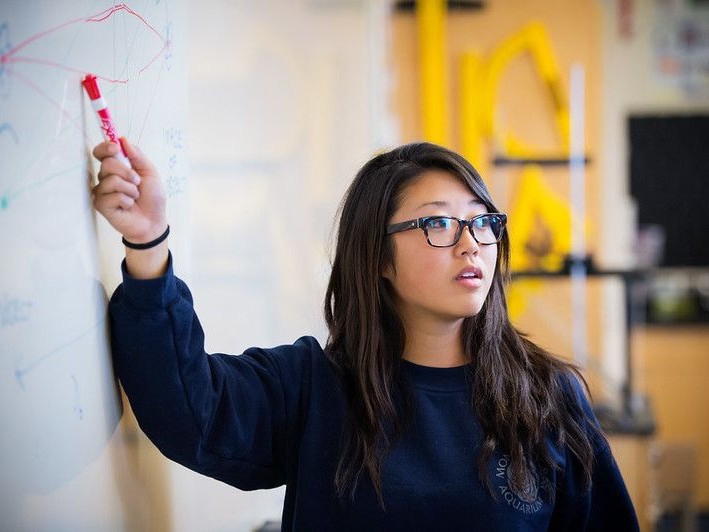 Women pointing at a whiteboard