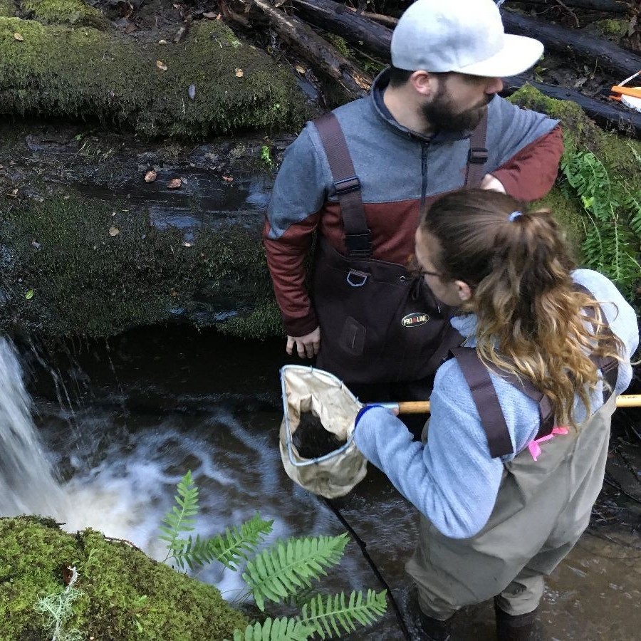 Two students monitor a stream