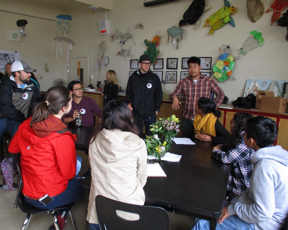 Environmental studies students discussing project around table in classroom