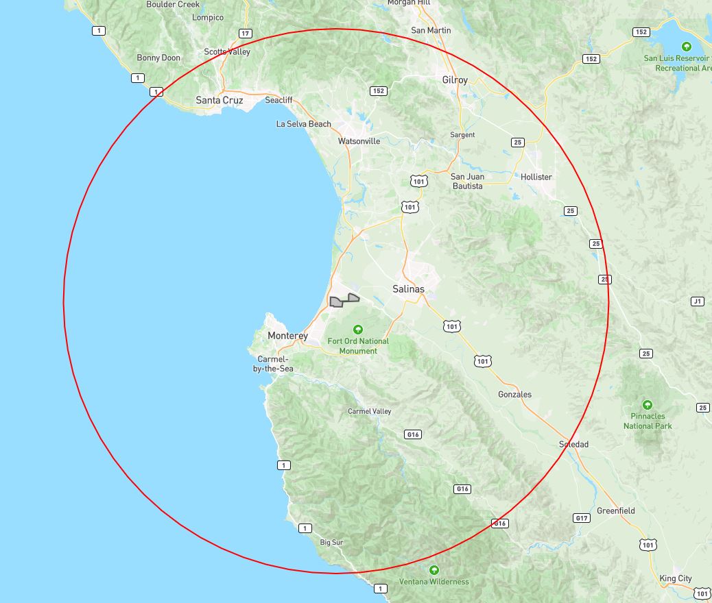 A map showing a 30 mile radius around campus