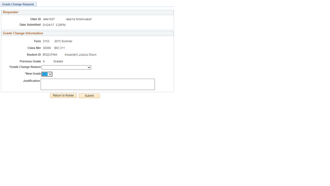 Example of a completed Grade change Request screen
