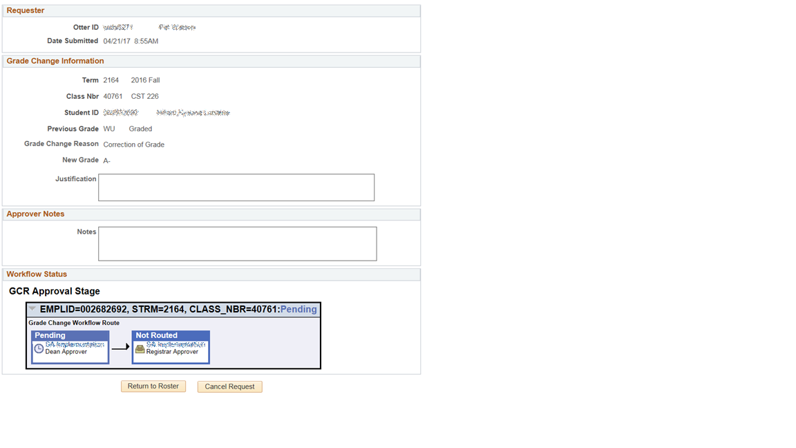 Example page of submitted information and the workflow status