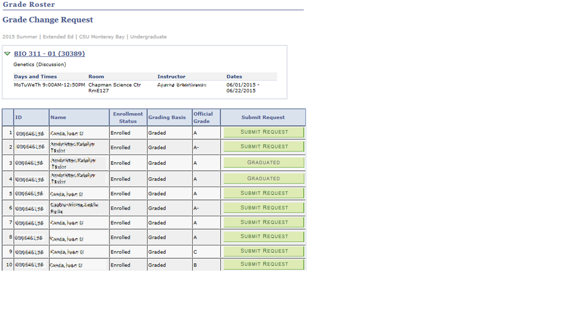 Grade Change Request screen with Submit Request button