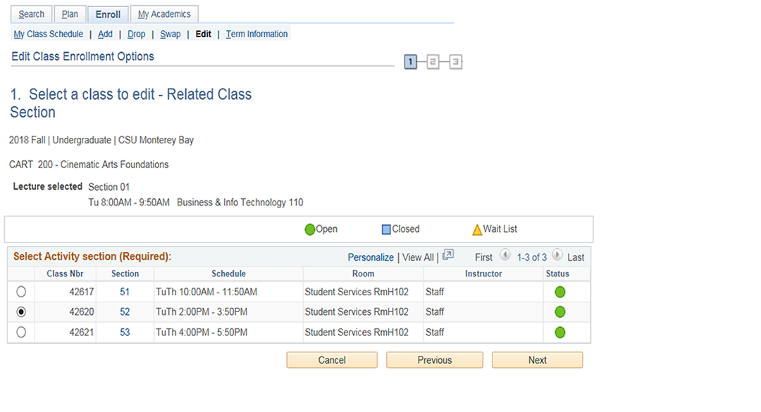 Shows class enrollment options for related class edits