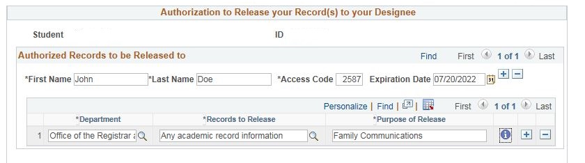 Image of OASIS authorization to release form focused on section where student selects designees