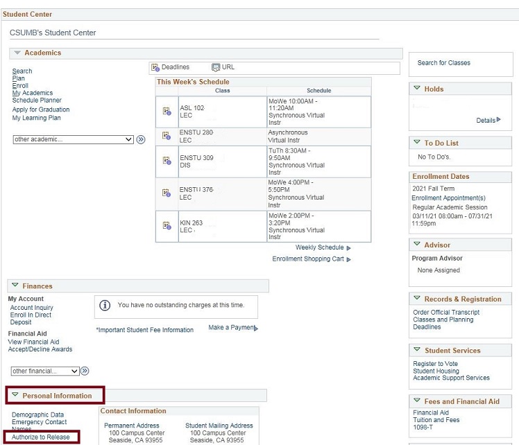 Picture of OASIS Student Center home page with boxes around the personal information section and authorization to release form