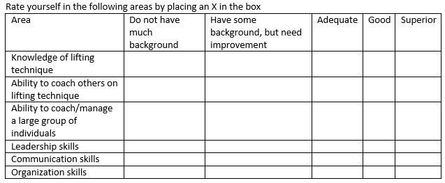 Self reflection table for students to rate themselves on different skills