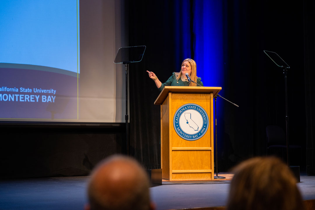 President Vanya Quiñones speaking at the State of the University. | Photo by: Brent Dundore-Arias