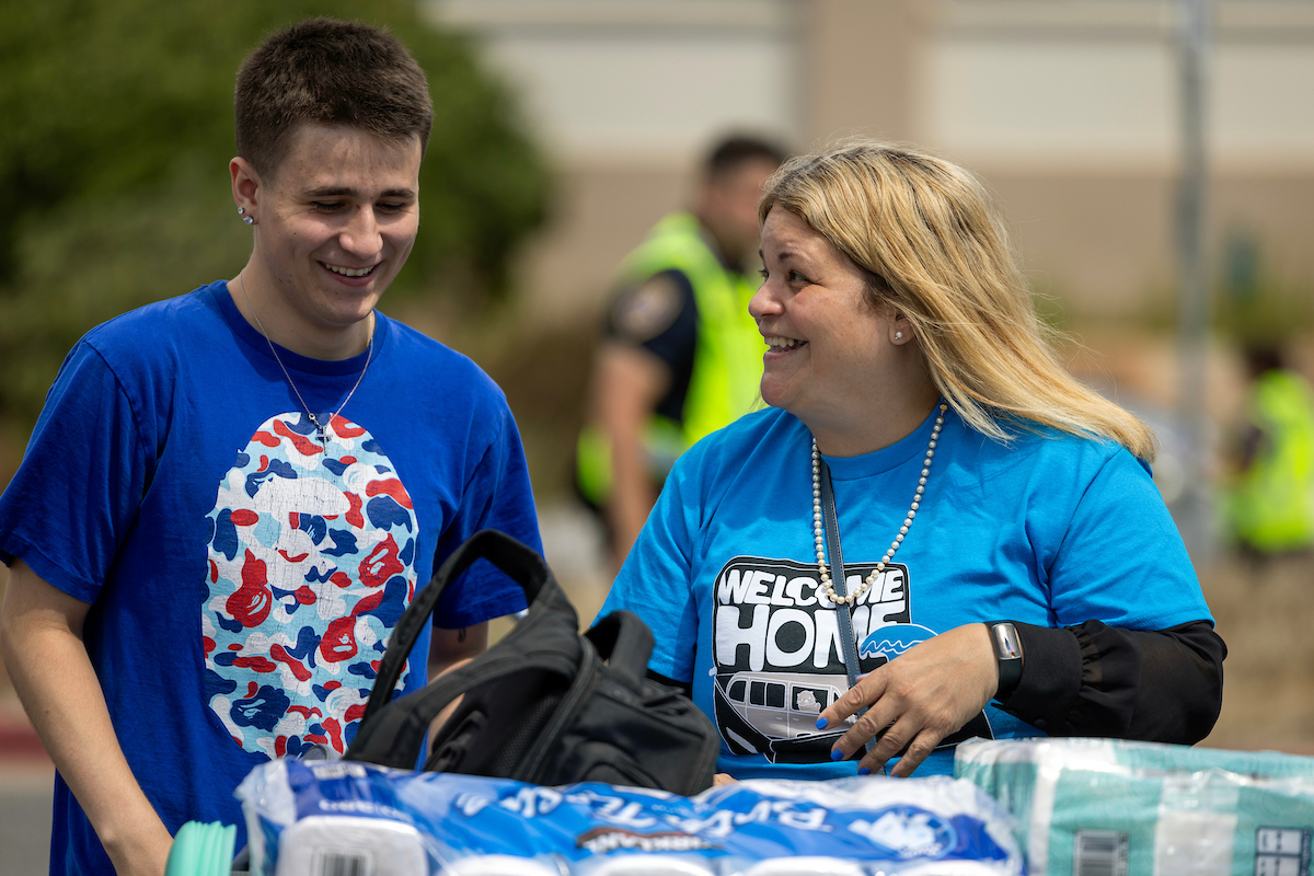 CSUMB President Vanya Quiñones (right) accompanies a student in the process of moving onto campus. The move-in times were staggered throughout the day, and most had finished by 5 p.m. | Photo by Brent Dundore-Arias