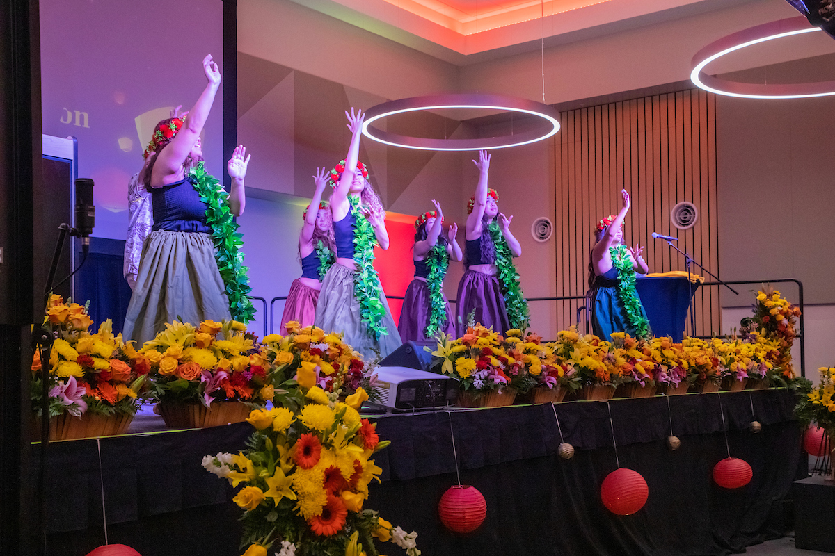 Hula dancers onstage at the APIDA Stole Ceremony